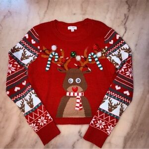 Girls Red Reindeer ugly Christmas knit Sweater M